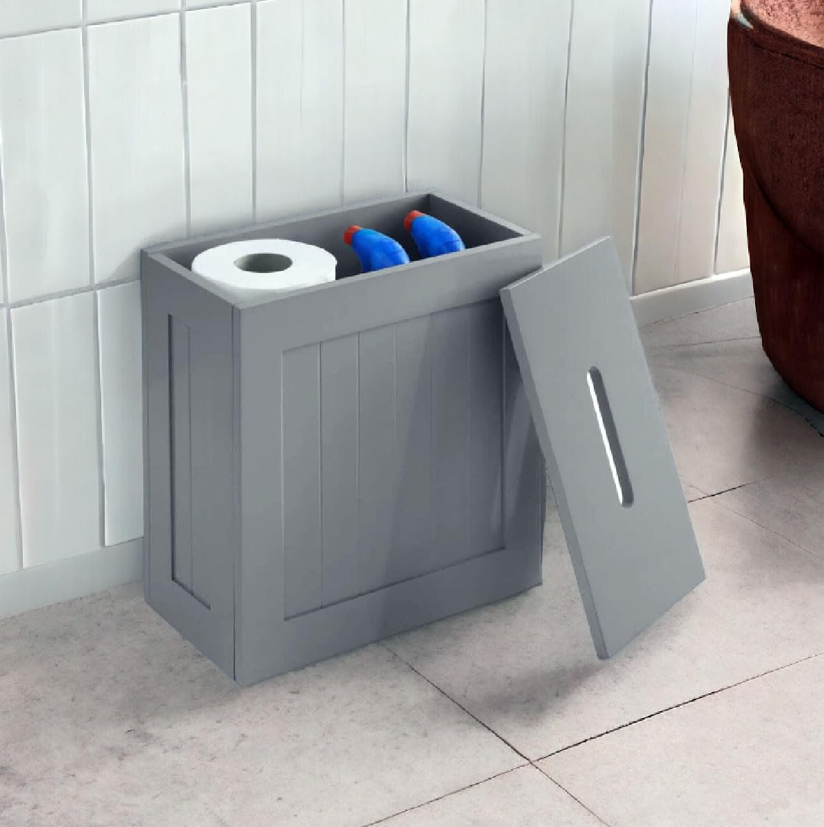 Slimline Bathroom Storage Cabinet | Toilet Roll Holder | Grey Wood
